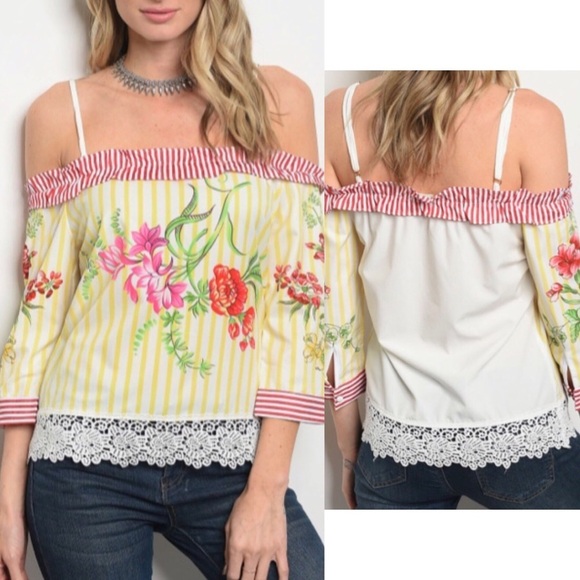 Yellow Striped Floral Off the Shoulder Top​​ - Picture 2 of 3